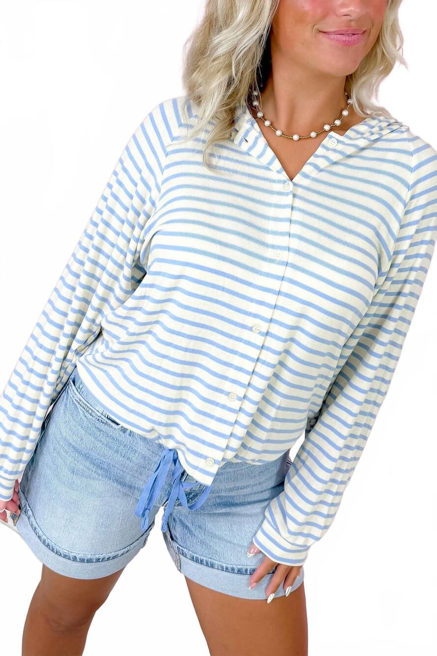 NEW THE GREII after sun striped hoodie in periwinkle blue and cream
